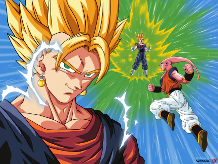 HD wallpaper featuring Vegetto and Majin Buu from Dragon Ball Z. Vegetto, in the foreground, exudes power, while an intense battle between him and Majin Buu unfolds in the background with vibrant energy and colors.
