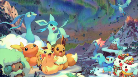 A vibrant HD desktop wallpaper featuring Pikachu and various Pokémon, including Eevee, Lapras, and more, set against a colorful, magical landscape.