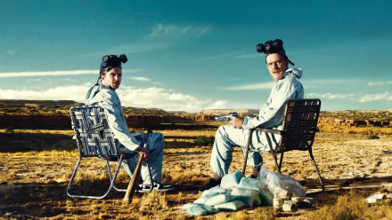 HD desktop wallpaper featuring Jesse Pinkman and Walter White from the TV show Breaking Bad, portrayed by Aaron Paul and Bryan Cranston in desert attire.