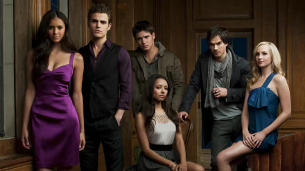 HD desktop wallpaper featuring the main cast of The Vampire Diaries, showcasing six characters in a dramatic and stylish setting.