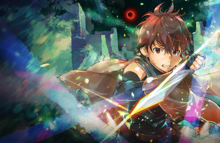 HD desktop wallpaper featuring Haruhiro from Grimgar of Fantasy and Ash. Haruhiro is depicted in an action pose with a glowing sword, surrounded by a vibrant and mystical background.