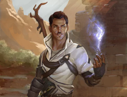 HD desktop wallpaper of Dorian Pavus, the wizard from the video game Dragon Age: Inquisition, conjuring blue magical energy in a desert ruins setting.