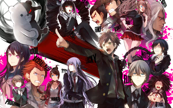 HD anime wallpaper featuring characters from Danganronpa, displaying intense expressions and dynamic poses against a vibrant background with bold text.