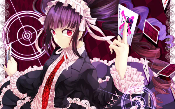 HD PC desktop wallpaper featuring Celestia Ludenberg from Danganronpa, showcasing her signature gothic lolita style with playing cards and futuristic circular patterns.
