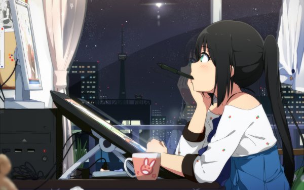 Anime Original Long Hair Black Hair Ponytail Café Ordenador Fondo de pantalla HD | Fondo de Escritorio