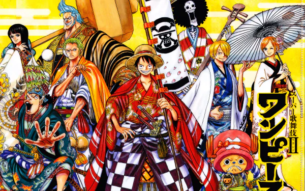 This HD desktop wallpaper features the One Piece characters—Usopp, Nico Robin, Franky, Tony Tony Chopper, Nami, Sanji, Roronoa Zoro, and Monkey D. Luffy—all dressed in traditional Japanese clothes.
