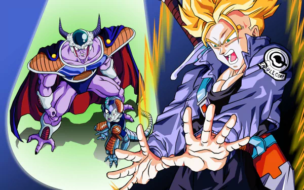 HD wallpaper featuring Trunks in an intense pose facing off against King Cold and Frieza from Dragon Ball Z, with vibrant colors and dynamic artwork.