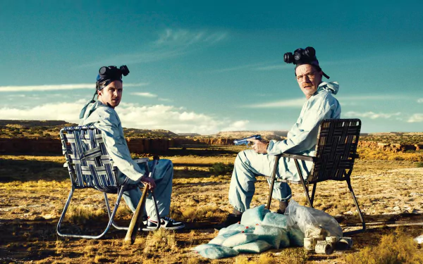 HD desktop wallpaper featuring Jesse Pinkman and Walter White from the TV show Breaking Bad, portrayed by Aaron Paul and Bryan Cranston in desert attire.