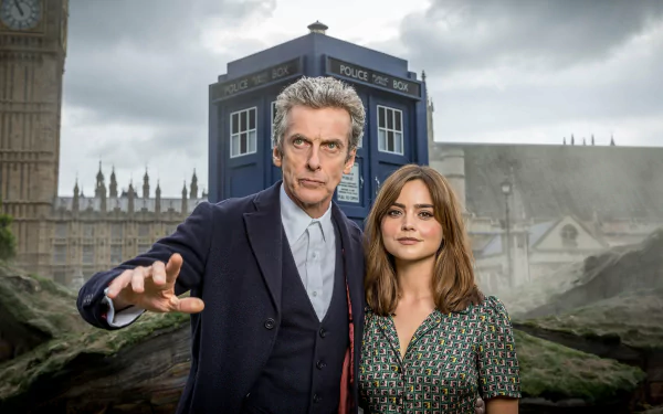 4K Ultra HD wallpaper featuring the Twelfth Doctor and Clara from the TV show Doctor Who (2005) with the iconic TARDIS and London landmarks in the background.
