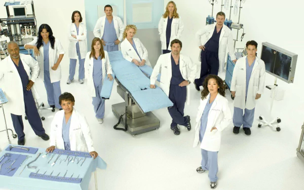 HD desktop wallpaper featuring the cast of the TV show Grey's Anatomy, showcasing doctors in white lab coats and blue scrubs standing in a clinical setting.