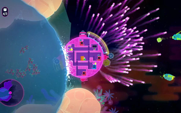 HD desktop wallpaper of 'Lovers in a Dangerous Spacetime' game, featuring a spaceship in vibrant cosmic combat.