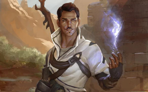 HD desktop wallpaper of Dorian Pavus, the wizard from the video game Dragon Age: Inquisition, conjuring blue magical energy in a desert ruins setting.