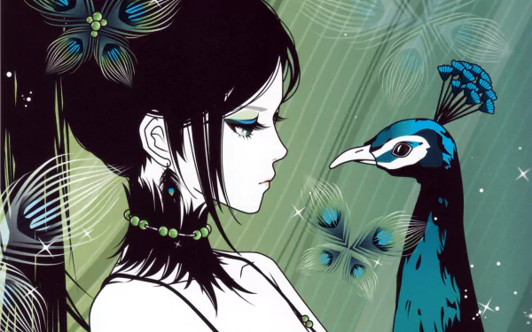 An original anime-style image featuring a young woman with long black hair, adorned with peacock feathers, gazing thoughtfully at a vibrant peacock. HD desktop wallpaper.