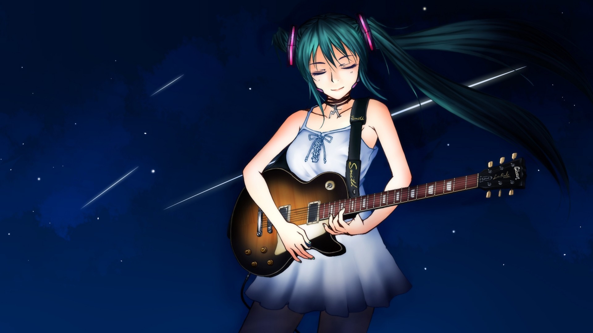 Download Shooting Star White Dress Guitar Blue Hair Twintails Hatsune Miku Anime Vocaloid Hd 4584