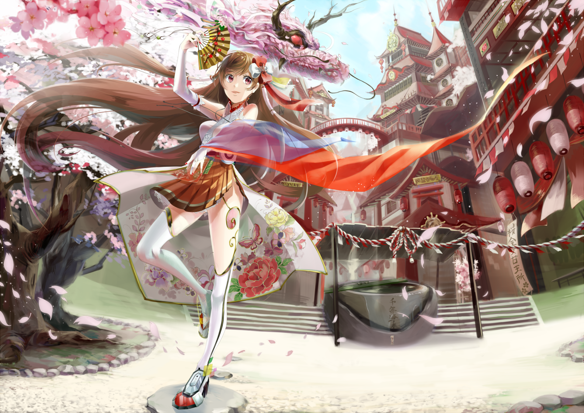 HD anime wallpaper featuring a brown-haired girl in a skirt and thigh highs with a bow, set in a city with cherry blossoms and traditional buildings. She holds a fan and a dragon-like figure is in the background.