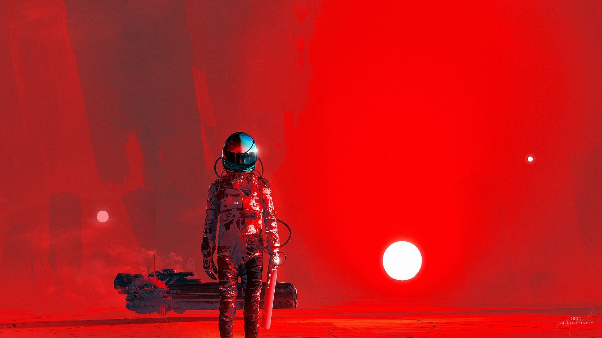 A striking red sci-fi scene featuring an astronaut standing against a vivid backdrop of a distant sun, creating a captivating HD desktop wallpaper and background.