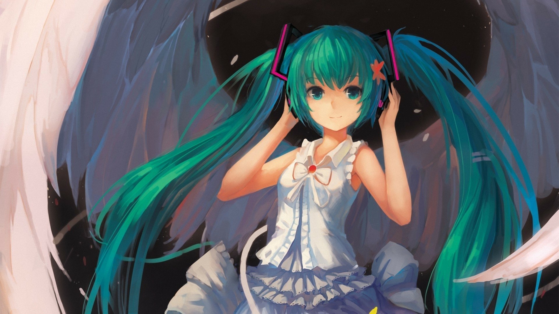 Anime character Hatsune Miku, with blue twintails and headphones, wears a white dress and wings, exuding a celestial vibe against a soft background.