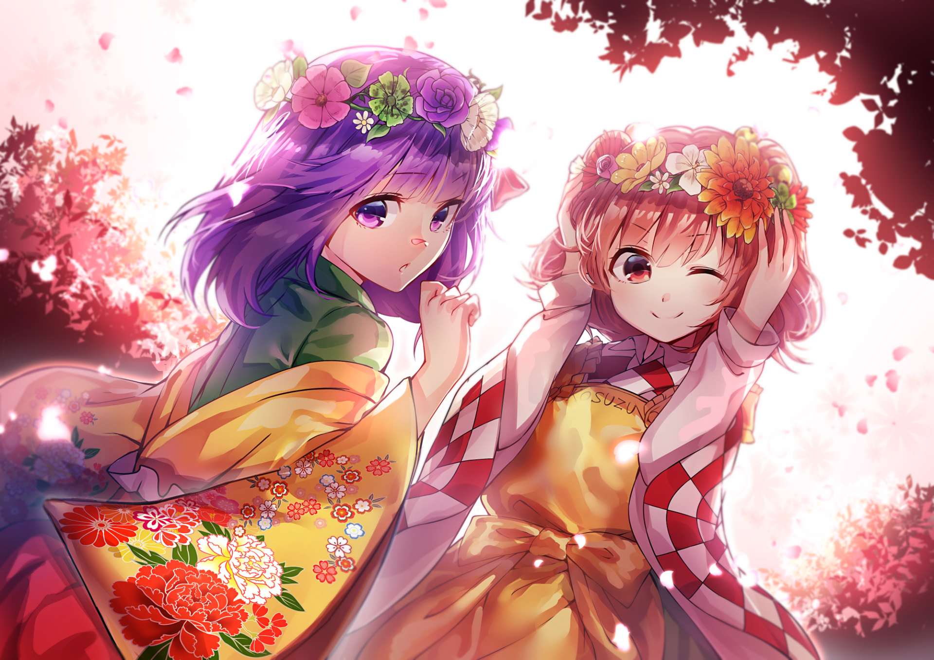 Two characters from Touhou, Kosuzu Motoori and Hieda no Akyuu, pose playfully amid floral backgrounds, adorned in vibrant Japanese outfits. One character winks, showcasing pink hair and a flower headdress.