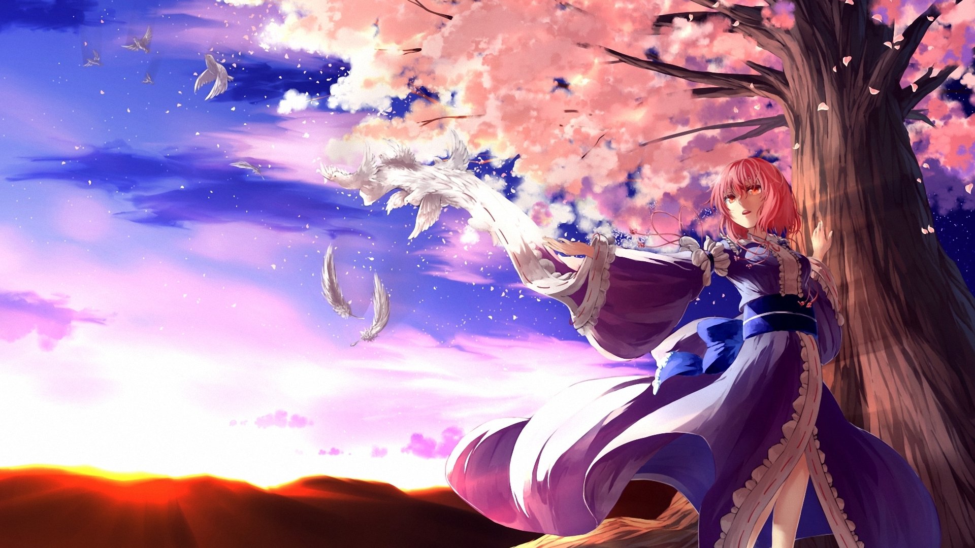 Anime-style HD wallpaper of Kosuzu Motoori with pink short hair in Japanese clothes standing beneath cherry blossoms at sunrise, releasing a glowing bird into the sky.