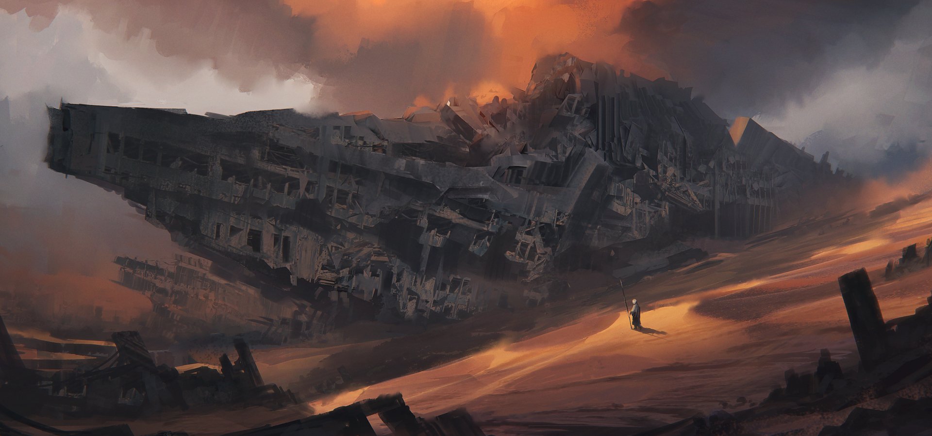 A post-apocalyptic landscape featuring a ruined spacecraft stranded in a desert. The scene is bathed in dramatic orange light, creating a haunting and desolate atmosphere.