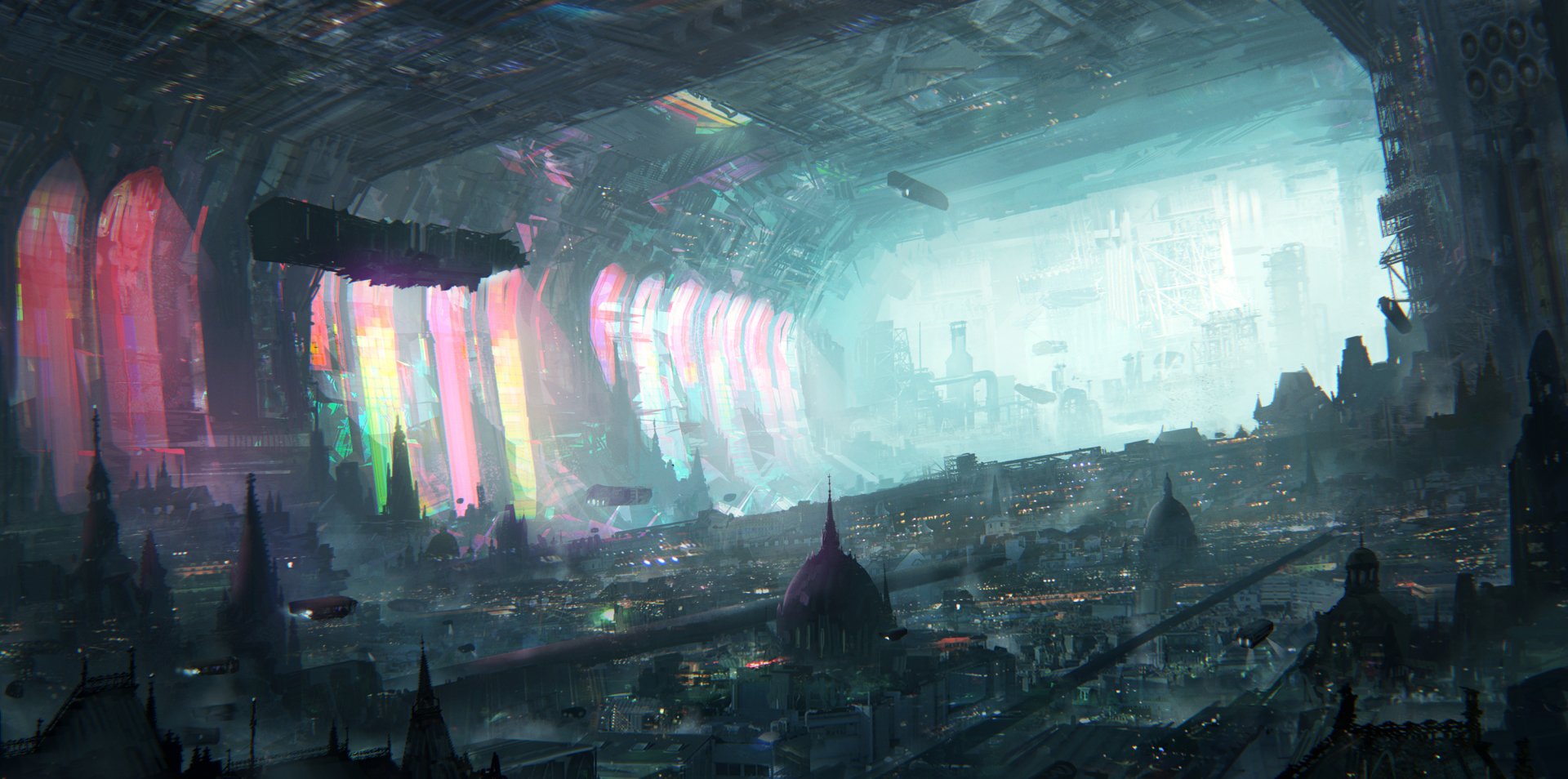 A vibrant futuristic cityscape with colorful lights and sleek vehicles, set within a grand sci-fi tunnel, creates a striking HD desktop wallpaper.