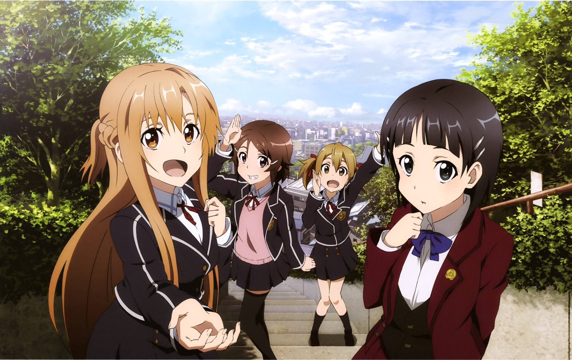 A vibrant 4K Ultra HD wallpaper featuring characters Lisbeth, Silica, Leafa, and Asuna Yuuki from Sword Art Online, set against a scenic background and lively atmosphere.