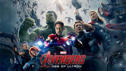 HD PC desktop wallpaper featuring key characters from the movie Avengers: Age of Ultron, including Iron Man, Hulk, Thor, Captain America, and Black Widow in action.