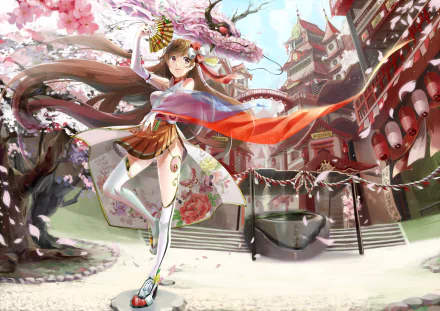 HD anime wallpaper featuring a brown-haired girl in a skirt and thigh highs with a bow, set in a city with cherry blossoms and traditional buildings. She holds a fan and a dragon-like figure is in the background.