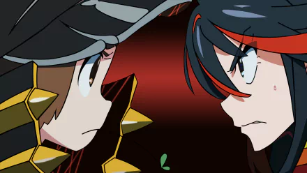 HD PC desktop wallpaper featuring anime characters Ryūko Matoi and Mako Mankanshoku from Kill La Kill in an intense face-off scene.