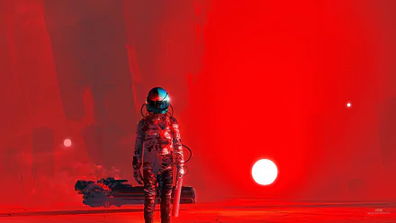 A striking red sci-fi scene featuring an astronaut standing against a vivid backdrop of a distant sun, creating a captivating HD desktop wallpaper and background.