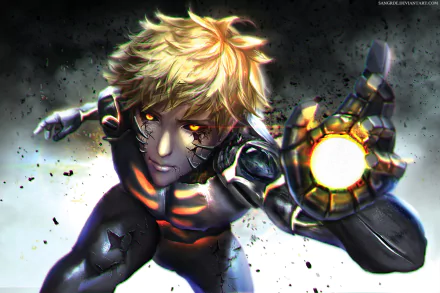 HD anime desktop wallpaper of Genos from One-Punch Man with glowing yellow eyes and blonde hair, depicted as a fierce cyborg warrior in dynamic action pose.