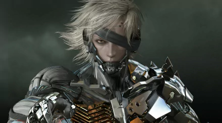 In this HD wallpaper, the cyborg Raiden from Metal Gear Rising: Revengeance showcases his striking brown eyes and white hair, surrounded by a dynamic metallic armor design.