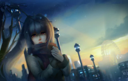 HD desktop wallpaper of Isla from Plastic Memories anime, set in a beautifully lit cityscape with streetlights and a Ferris wheel in the background, capturing a serene and melancholic atmosphere.