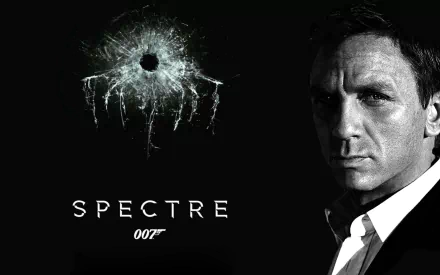 HD desktop wallpaper featuring Daniel Craig as James Bond with a bullet hole graphic and the Spectre movie title and 007 logo on a black background.