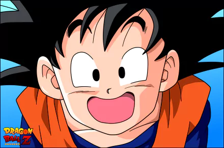 A vibrant HD desktop wallpaper featuring Goten from Dragon Ball Z, showcasing his cheerful expression against a bright blue background.