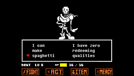 HD desktop wallpaper of Papyrus from the video game Undertale, showcasing a battle scene with dialogue options, I can make spaghetti and I have zero redeeming qualities.