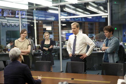 HD wallpaper of The Newsroom (2012) featuring cast members in a TV newsroom setting.