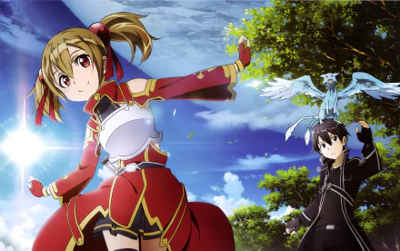 HD desktop wallpaper featuring Pina, Kirito, and Silica from Sword Art Online, set against a vibrant sky and lush greenery, capturing the essence of anime adventure.