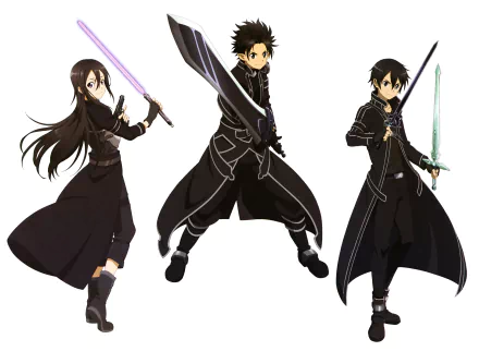 HD desktop wallpaper featuring Kirito from Sword Art Online, depicted in three different poses wielding various swords.