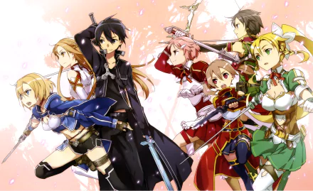 HD desktop wallpaper featuring characters from Sword Art Online: Silica, Asuna Yuuki, Lisbeth, Leafa, and Kirito. The colorful anime artwork showcases them in dynamic, battle-ready poses.