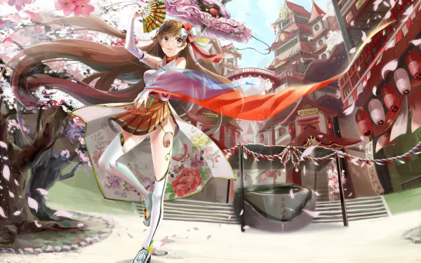 HD anime wallpaper featuring a brown-haired girl in a skirt and thigh highs with a bow, set in a city with cherry blossoms and traditional buildings. She holds a fan and a dragon-like figure is in the background.