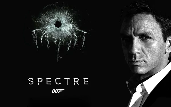 HD desktop wallpaper featuring Daniel Craig as James Bond with a bullet hole graphic and the Spectre movie title and 007 logo on a black background.