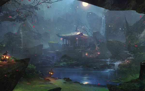 A serene fantasy landscape features a calm river reflecting a luminous moon, surrounded by lush rocks, delicate clouds, and softly glowing lamps, creating an enchanting atmosphere.