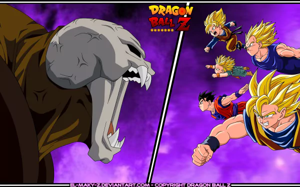 A dynamic scene featuring Goten, Vegeta, Trunks, Gohan, and Goku from Dragon Ball Z, charging towards a menacing foe against a vibrant purple background. 4K Ultra HD quality.