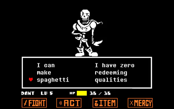 HD desktop wallpaper of Papyrus from the video game Undertale, showcasing a battle scene with dialogue options, I can make spaghetti and I have zero redeeming qualities.