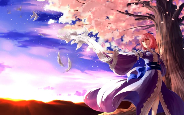 Anime-style HD wallpaper of Kosuzu Motoori with pink short hair in Japanese clothes standing beneath cherry blossoms at sunrise, releasing a glowing bird into the sky.