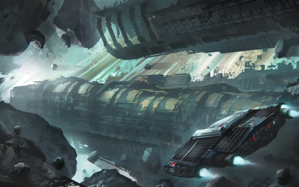 A 4K Ultra HD sci-fi desktop wallpaper depicting a detailed spaceship navigating through an asteroid field in deep space.
