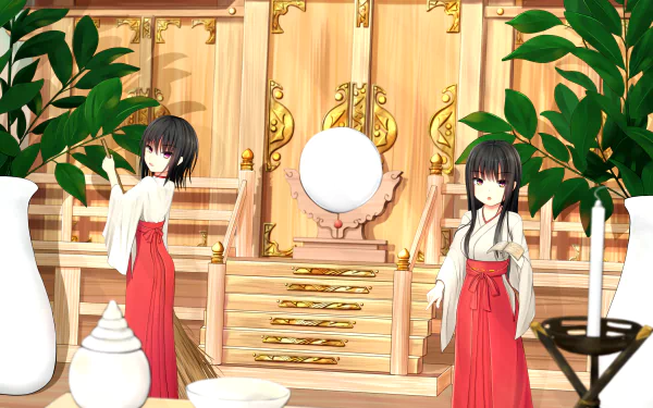 Anime-style 4K Ultra HD wallpaper featuring two original Japanese-clothed characters with short and long black hair and striking purple and yellow eyes in a traditional setting.