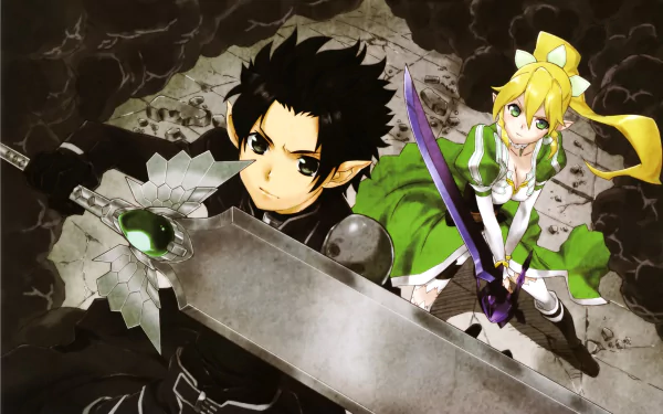 Leafa and Kirito from Sword Art Online in anime style, poised with swords over cracked stone — 2K Quad HD PC desktop wallpaper/background.