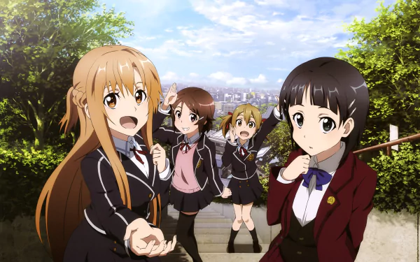 A vibrant 4K Ultra HD wallpaper featuring characters Lisbeth, Silica, Leafa, and Asuna Yuuki from Sword Art Online, set against a scenic background and lively atmosphere.